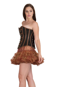 Black Brocade Brown Leather Strips Gothic Corset Steampunk Waist Training Bustier Overbust Top - CorsetsNmore