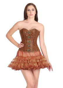 Printed Brown Soft Leather Gothic Corset Steampunk Waist Training Bustier Overbust Top