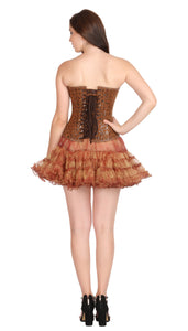 Printed Brown Soft Leather Gothic Plus Size Steampunk Overbust Corset Waist Training Bustier And Tissue Tutu Skirt Corset Dress