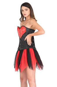 Red Black Satin Gothic Burlesque Corset Waist Cincher Bustier Net Skirt Overbust Dress-
