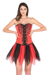 Plus Size Red Satin Black Handmade Sequins Overbust Corset Burlesque Costume Waist Cincher Bustier Net Skirt