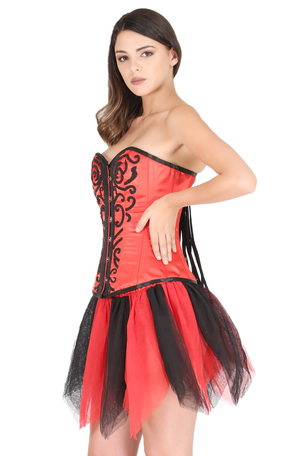 Red Satin Black Handmade Sequins Gothic Burlesque Corset Waist Cincher  Bustier Net Skirt Overbust Dress
