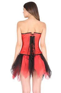 Red Satin Black Handmade Sequins Gothic Burlesque Corset Waist Cincher Bustier Net Skirt Overbust Dress-