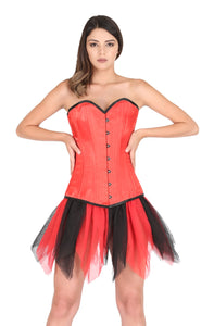 Red Satin Double Bone Burlesque Plus Size LONG Overbust Corset Red Black Net Tutu Skirt Dress