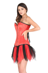 Red Satin Double Bone Gothic Corset Burlesque Waist Cincher Bustier LONGLINE Overbust Dress-