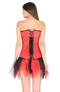 Red Satin Double Bone Burlesque Plus Size LONG Overbust Corset Red Black Net Tutu Skirt Dress