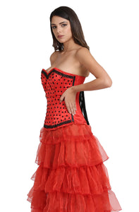 Red Satin Black Handmade Sequins Gothic Burlesque Waist Cincher Bustier Frill Tissue LONG Skirt Overbust Corset Dress-
