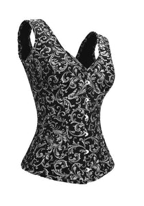 Black Silver Brocade Shoulder Strap Overbust Corset Waist Training Burlesque Costume - CorsetsNmore