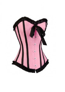 Pink Satin Black Frill Gothic Retro Overbust Corset Waist Training Burlesque Costume