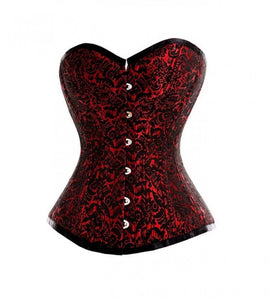 Red And Black Brocade Double Bone Overbust Corset Waist Training Steampunk Costume