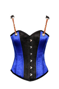Blue Black Satin Leather Shoulder Straps Steampunk Corset Overbust - CorsetsNmore