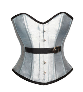Plus Size Silver Silk Leather Belt Gothic Overbust Corset Waist Training Burlesque Costume