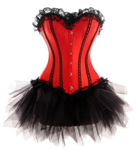Plus Size Red Satin Black Tutu Skirt Burlesque Costume Overbust Corset Dress