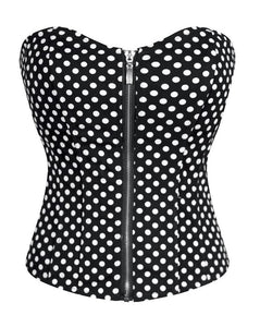 Black And White Polka Dot Satin Zipper Goth Overbust Plus Size Corset Waist Training Burlesque Costume - CorsetsNmore