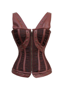 Brown Brocade Leather Shoulder Straps Overbust Plus Size Corset Waist Training Period Costume