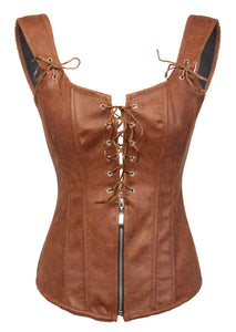 Brown Faux Leather Zipper N Lacing Overbust Corset Gothic Costume