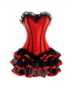Red Satin Black Frill Tutu Skirt Gothic Burlesque Valentine Corset Waist Training Overbust