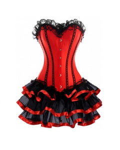 Red Satin Black Frill Tutu Skirt Overbust Plus Size Corset Waist Training Gothic Costume