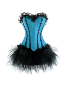 Blue Satin Black Net Tutu Skirt Overbust Plus Size Corset Waist Training Burlesque Costume