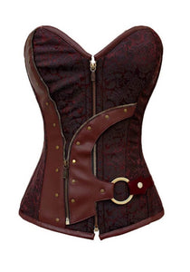 Brown Brocade Leather Work N Buckle Gothic Steampunk Corset Overbust
