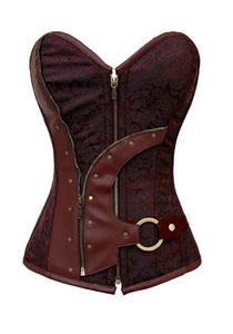 Brown Brocade Leather Work N Buckle Overbust Plus Size Corset Waist Training