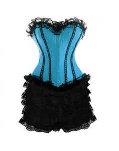 Plus Size Blue Satin Black Frill with Tutu Skirt Burlesque Corset Waist Training Overbust Dress