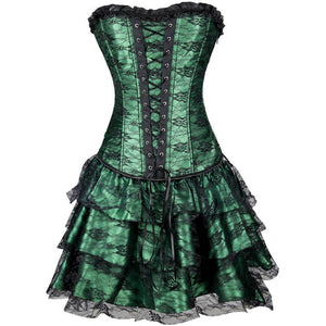 Green Satin with Skirt Gothic Burlesque Corset Waist Training Overbust Mardi Gras Dress