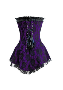 Plus Size Purple Satin Black Net And Frill Overbust Corset Gothic Waist Training