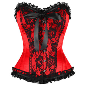 Red Satin Black Frill Net Gothic Burlesque Corset Waist Training Overbust Valentine Top