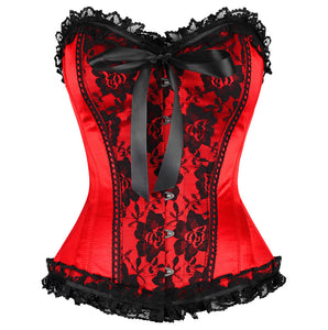 Red Satin Black Frill And Net Goth Overbust Plus Size Corset Waist Trainer Burlesque Bustier
