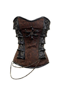 Brown Brocade with Leather Patches Steampunk Corset Waist Training Overbust Gothic Top