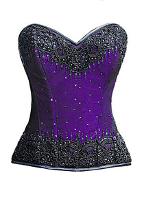Purple Satin Black Handmade Sequins Gothic Plus Size Corset Waist Training Top Burlesque Costume