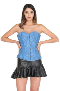 Blue Faux Leather Gothic Corset Steampunk Waist Training Bustier Black Tutu Skirt Overbust Dress-