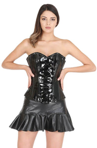 Black PVC Leather Gothic Steampunk Corset Waist Cincher Bustier Overbust Black Leather Tutu Skirt Dress-