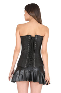 Plus Size Black Satin Burlesque LONG Overbust Corset Waist Trainer Bustier Leather Tutu Skirt Dress