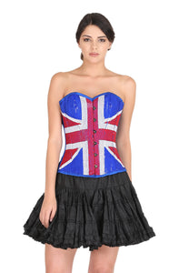 Blue Satin Red White Handmade Sequins UK Flag Gothic Corset Burlesque Bustier Waist Training Overbust Dress-