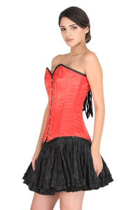 Red Satin Black Piping Gothic Corset Burlesque Bustier Waist Training LONG Overbust  Dress-