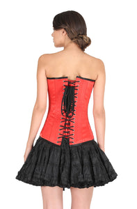 Red Satin Black Piping Gothic Corset Burlesque Bustier Waist Training LONG Overbust  Dress-
