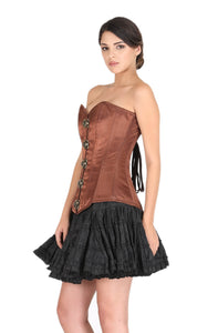 Brown Satin Corset Front Seal Lock Gothic Burlesque Bustier Waist Training LONG Overbust Dress-