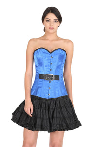 Blue Satin Corset Black Leather Belt Gothic Burlesque Bustier Waist Training LONG Overbust Dress-