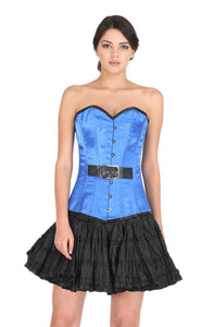 Blue Satin Black Leather Belt Gothic LONG Overbust Plus Size Corset Burlesque Costume