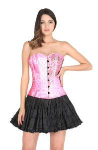 Plus Size Pink Satin Handmade Sequins Work Gothic Overbust Corset Burlesque Costume