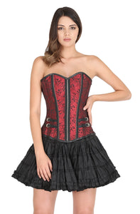 Red Black Brocade Zipper Stripes Design Gothic Corset Steampunk Bustier Waist Training Overbust Costume Black Cotton Silk Tutu Skirt Dress-