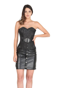 Black Satin Corset Leather Belt Waist Training Overbust Bustier Leather Skirt Dress-