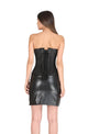 Black Satin Corset Leather Belt Waist Training Overbust Bustier Leather Skirt Dress-