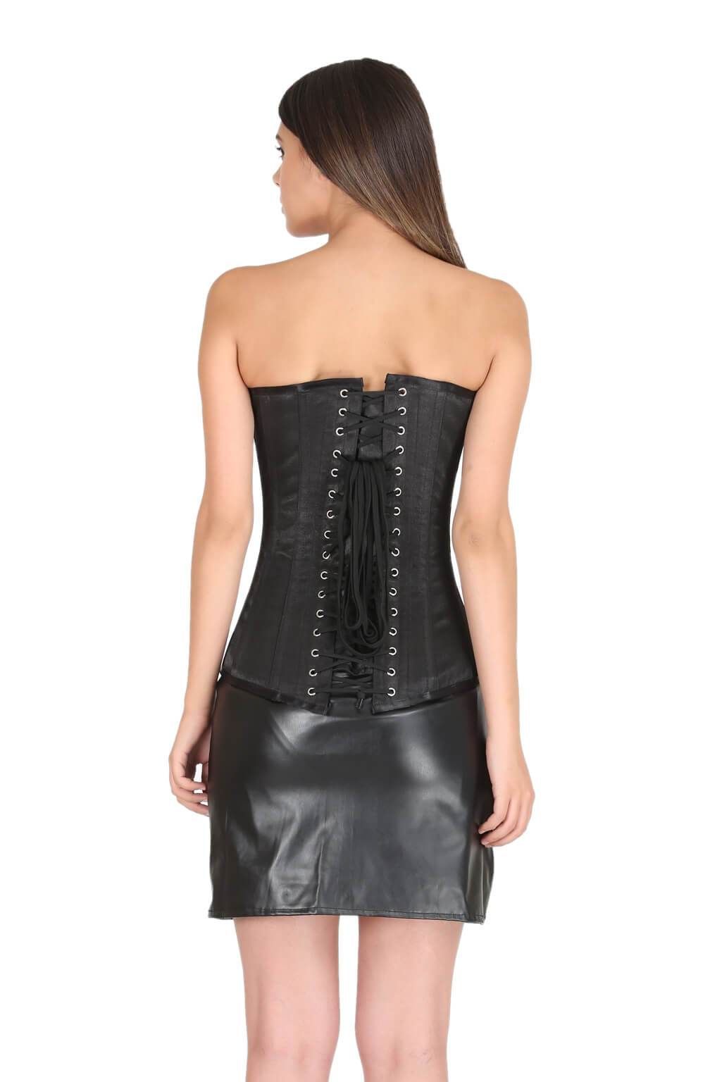 Black Satin White Lace Long Overbust Corset leather Skirt Dress