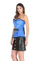 Blue Satin Corset Black Leather Belt Waist Training Bustier LONGLINE Overbust Black Leather Skirt Dress-