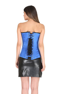 Blue Satin Corset Black Leather Belt Waist Training Bustier LONGLINE Overbust Black Leather Skirt Dress-