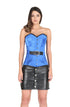 Blue Satin Corset Black Leather Belt Waist Training Bustier LONGLINE Overbust Black Leather Skirt Dress