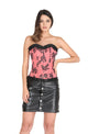Pink Satin Corset Black Tissue Flocking Lace Overbust Waist Trainer Black Leather Skirt Corset Dress-